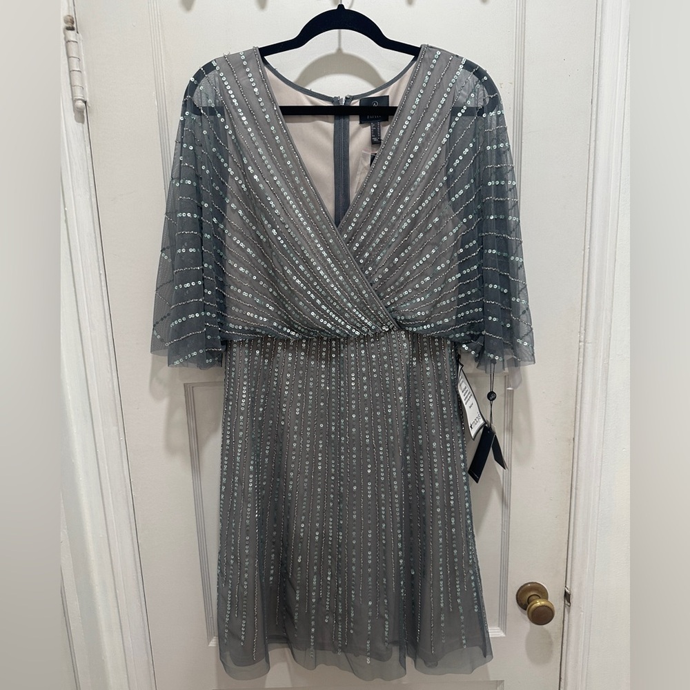 Adrianna Papell Beaded Flutter Sleeve Cocktail Dress size 10 Dark Gray